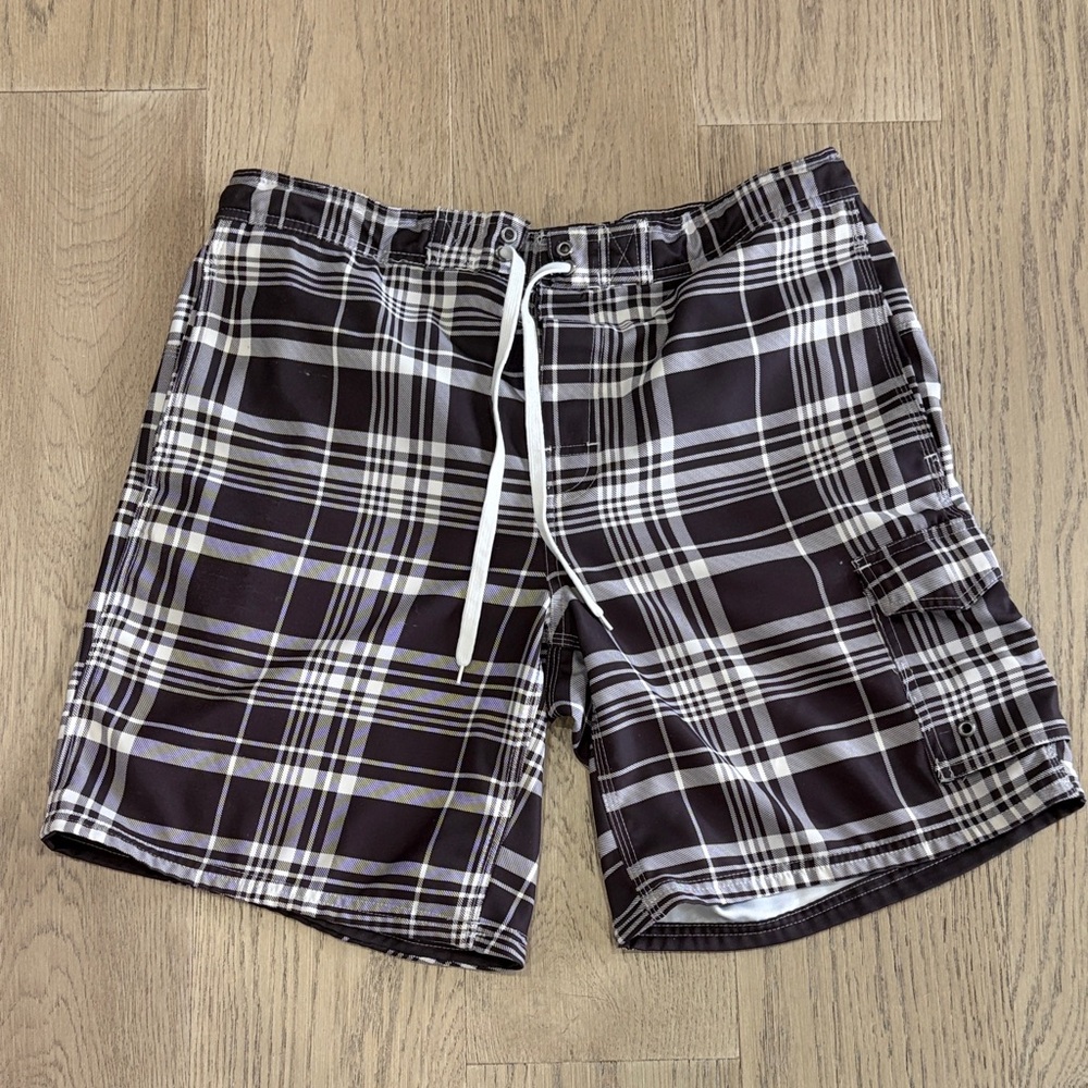 Men's Black and White Plaid Swim Shorts